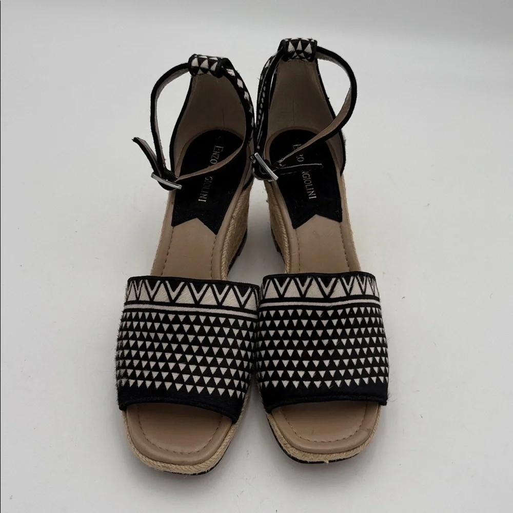 Enzo Angiolini Black Cream espadrille Wedges women sandals 10M caw hair Aztec